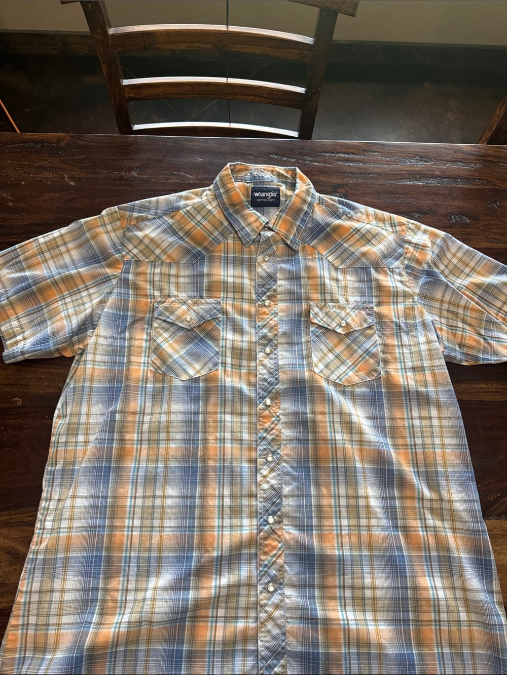 Wrangler Men’s Short Sleeve Plaid Button-Up - Blue & Orange